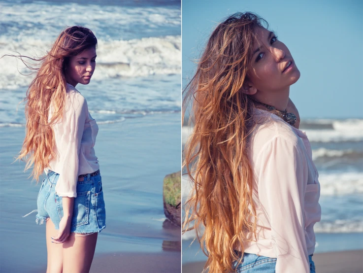 the girl is standing by the water and looking away from the camera