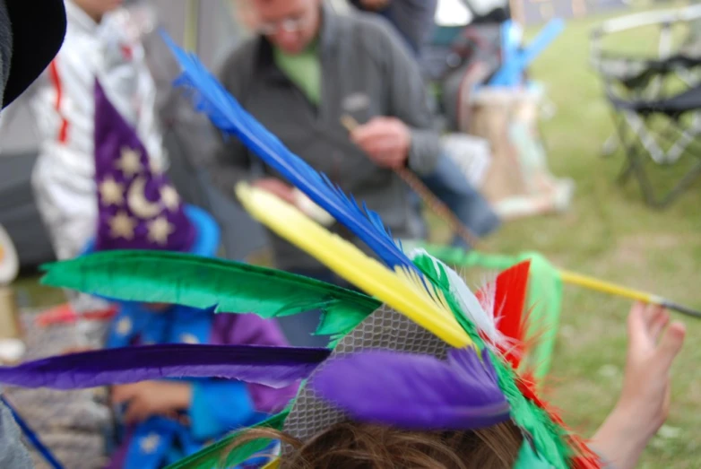 there are many colorful feather fans on the lawn