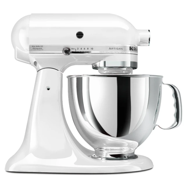 a white kitchen mixer is shown with the bowl up