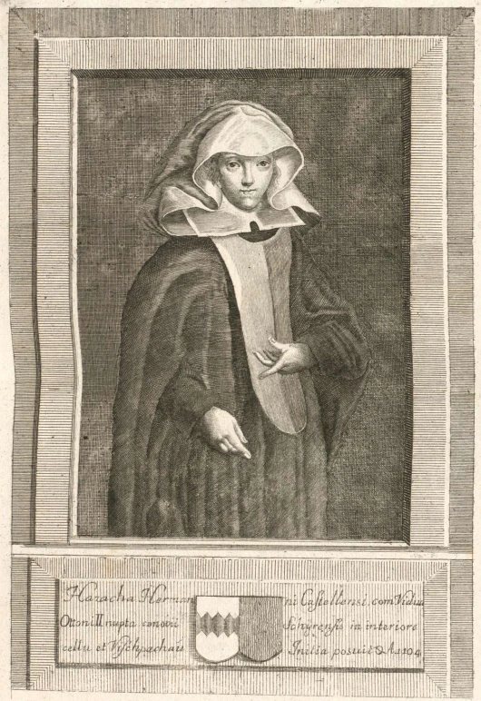 black and white engraving of a nun