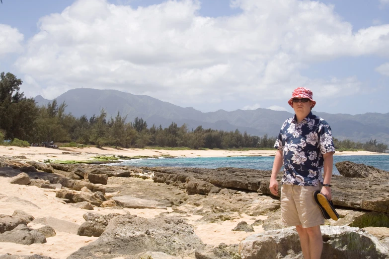 a man on the shore of a tropical beach