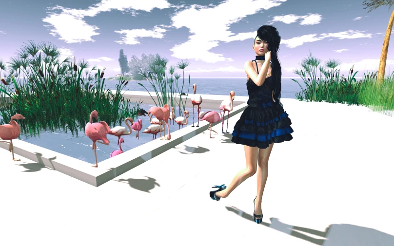 a digital painting of a woman and some flamingos