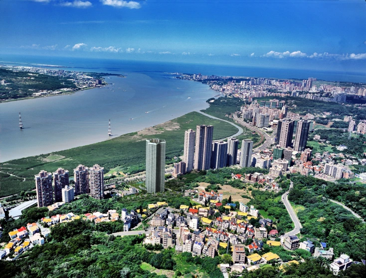 aerial view of a city near a river