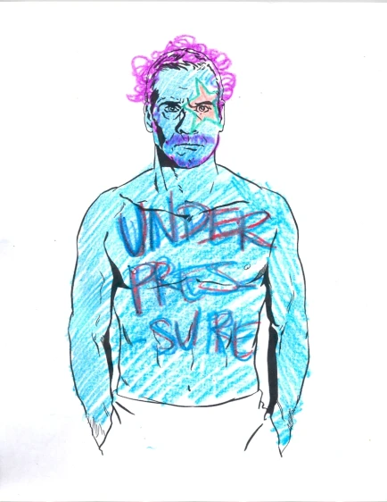 a drawing of a man wearing blue and pink