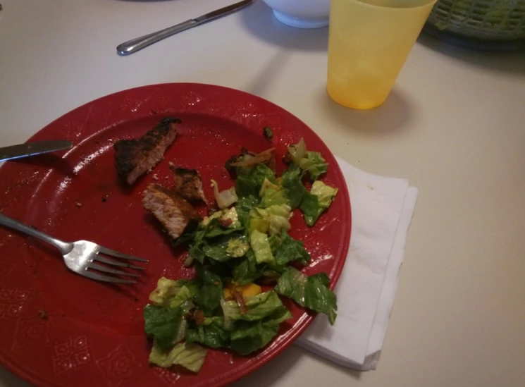 a plate with some meat and some salad on it