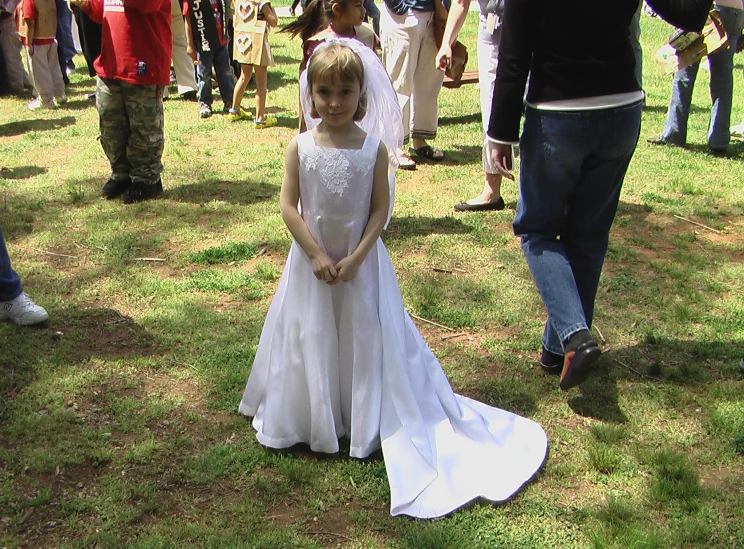 a little girl wearing a dress standing in a field next to a crowd of people