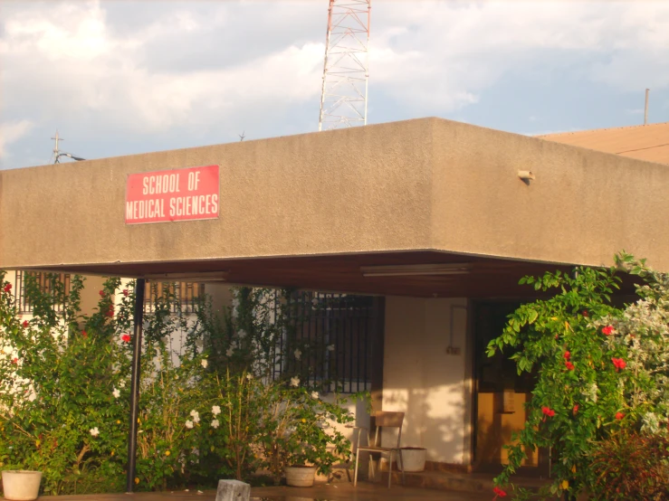 a building has plants and flowers surrounding it