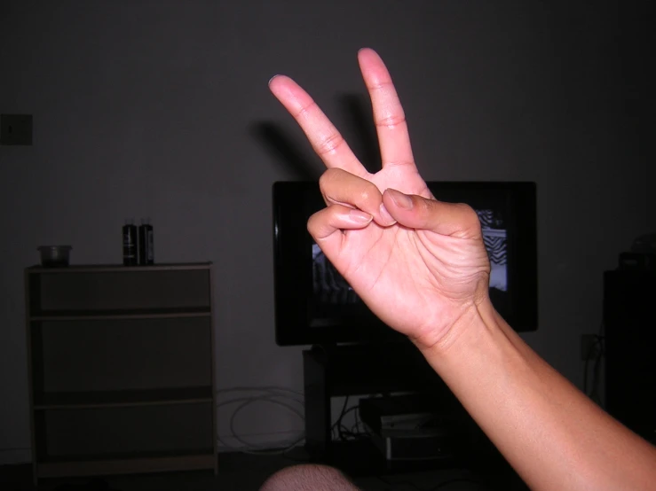someone making the peace sign in front of a tv