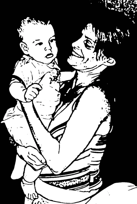 a woman holding a child and looking at the ground