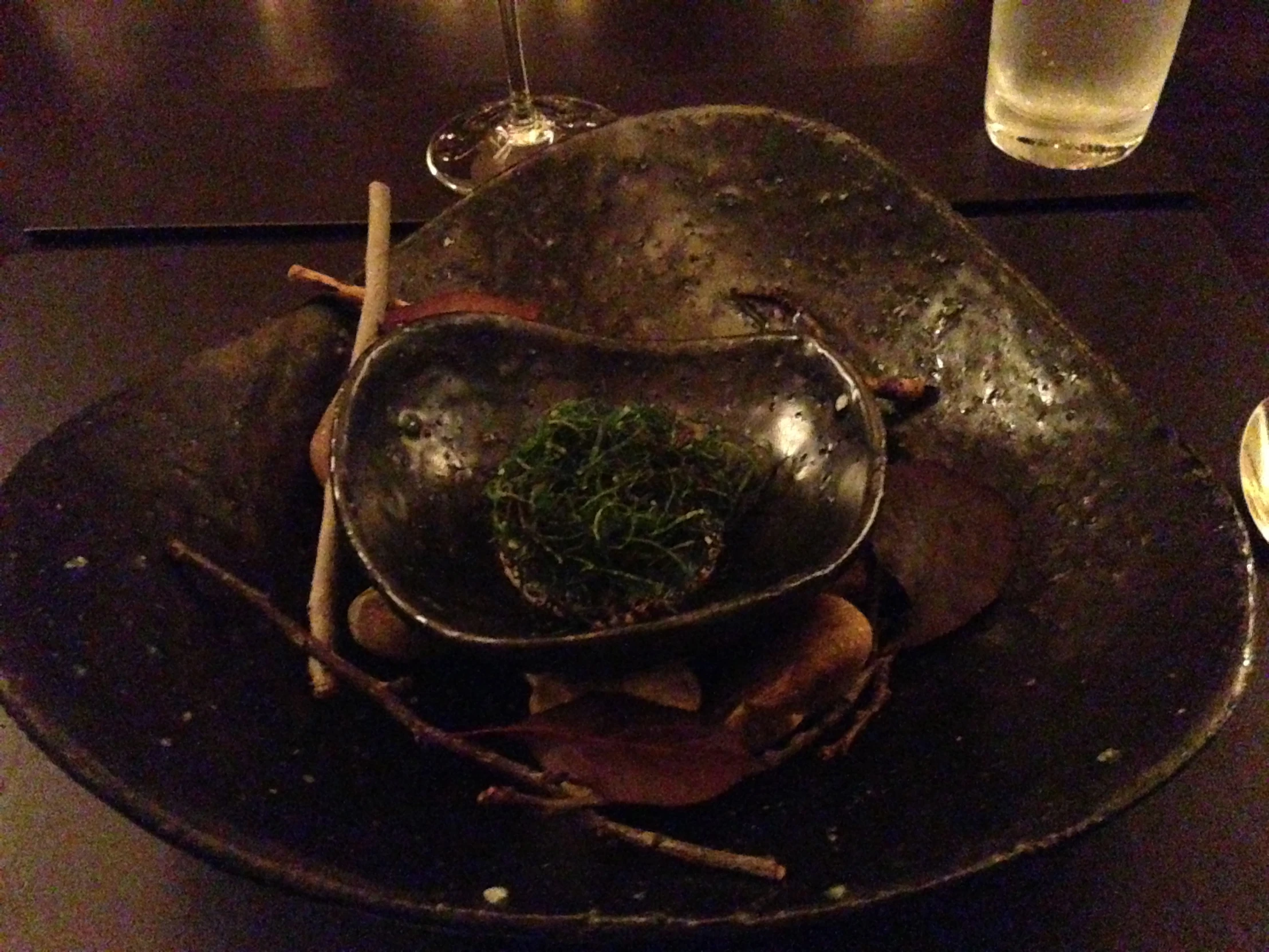 an old silver platter holds a green plant and wooden stick