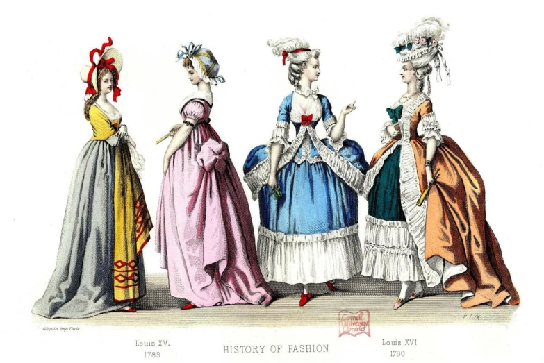 a drawing of three ladies in dresses from the 19th century