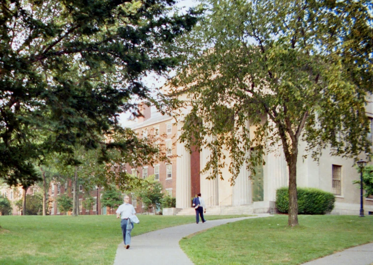 people are walking on a path next to some trees