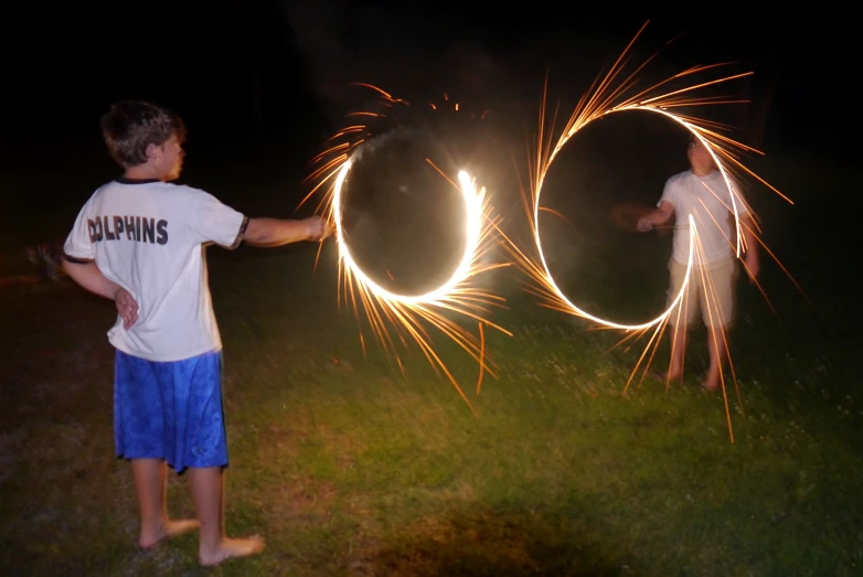two people holding sparklers in the shape of o rings