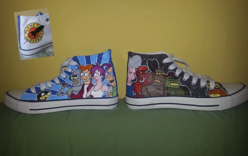 two sneakers are decorated with cartoon characters
