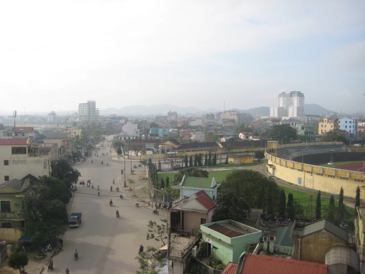 an overview looking down at a small town