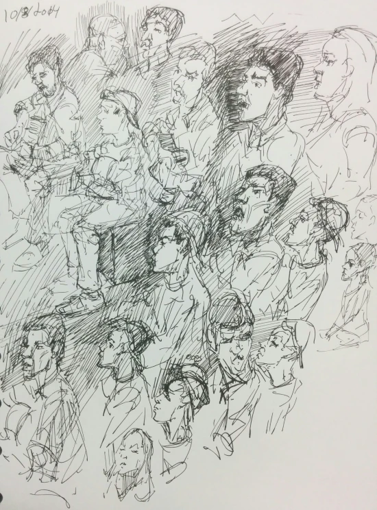a black and white sketch of people riding on a bus