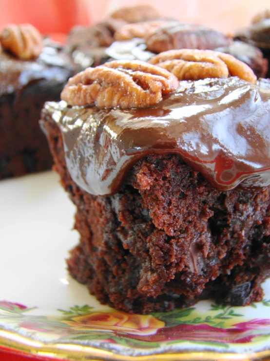 two chocolate brownies with nuts on top of a flower plate