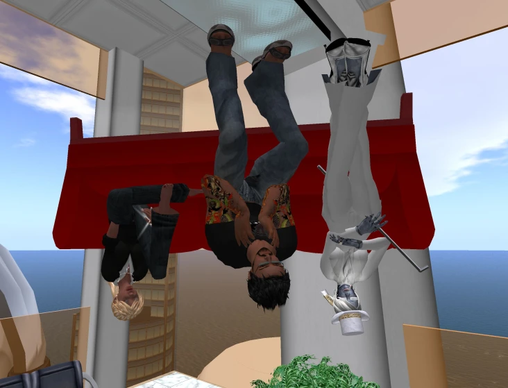 some virtual people hanging upside down inside of a room