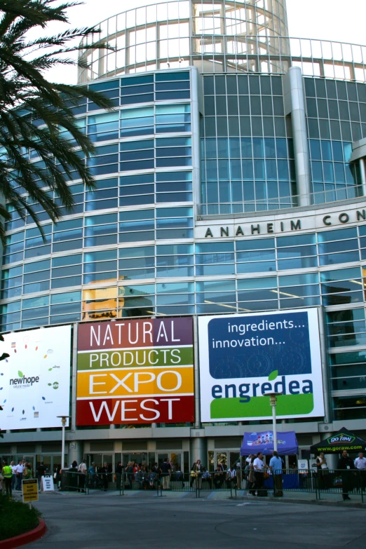 several signs are hanging near the entrance of an office building