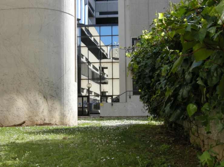 a planter sits next to a building's exterior