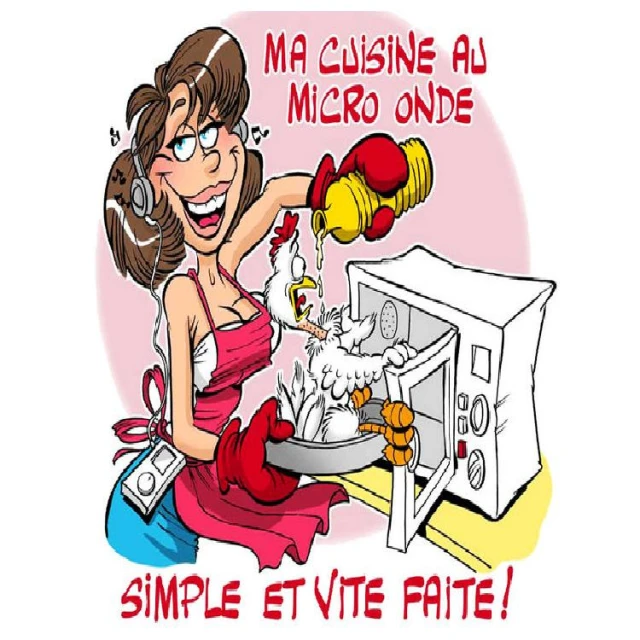 a cartoon depicting a woman in the kitchen preparing soing