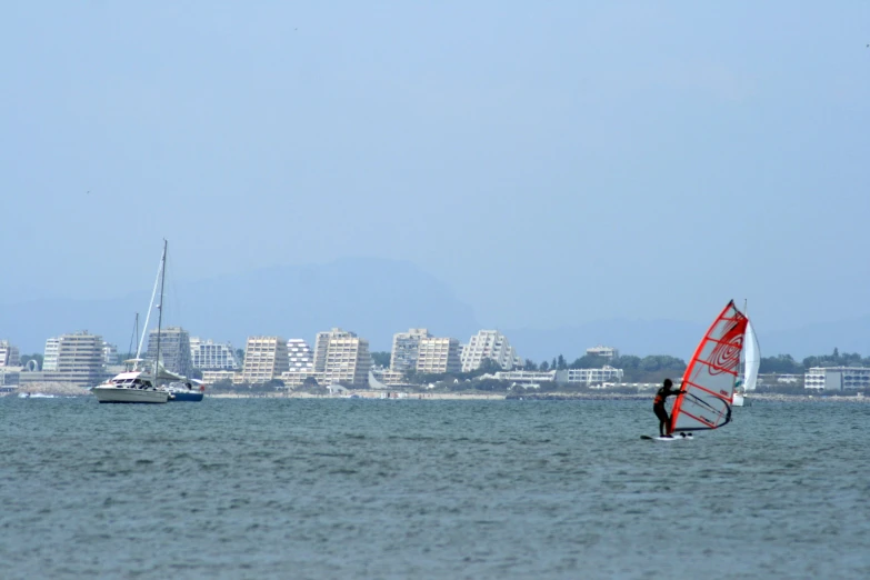 a view of the coast with water and city in the background