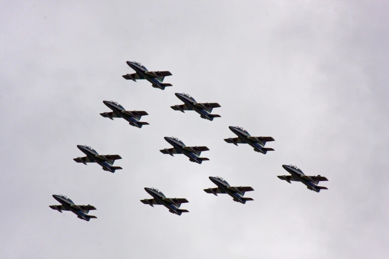 a group of jets flying in formation in a cloudy sky