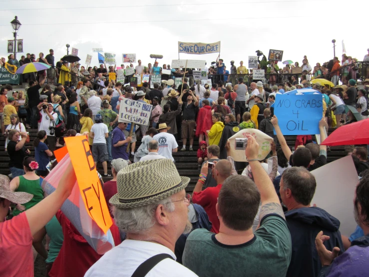 many people are holding signs and carrying umbrellas