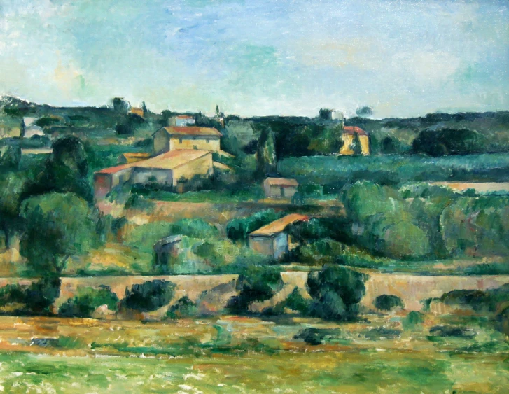 a painting of houses and hills in a field