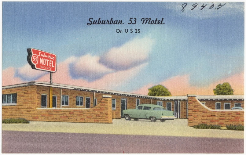 a postcard with a motel and a car parked in front