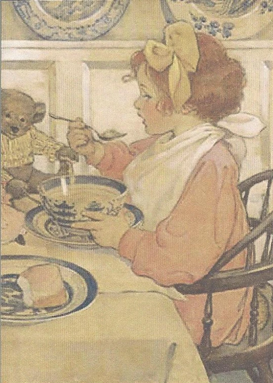 an old time scene of the woman at the dining table