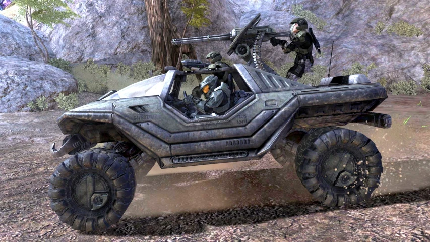 two futuristic soldiers in a vehicle driving through a barren area