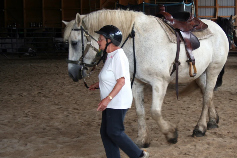 a man walking next to a white horse