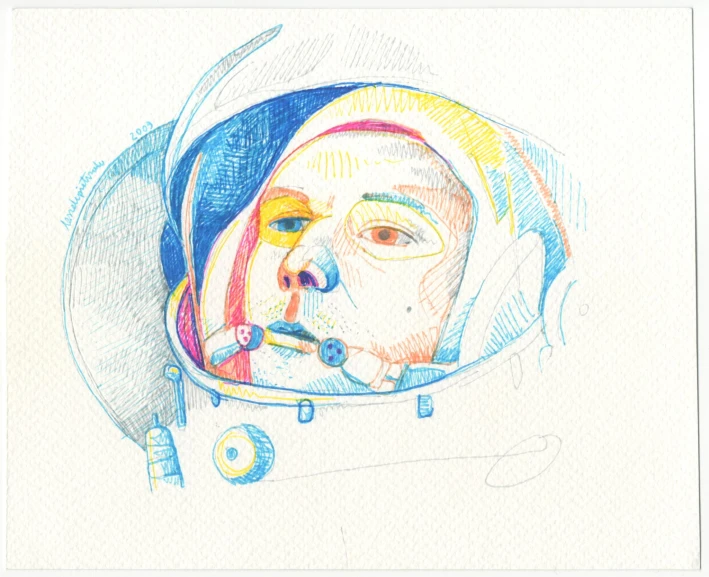 drawing of a woman wearing a space suit and wearing a nose mask