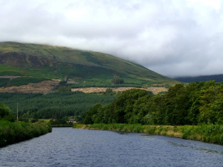 the river running through the forest in front of some mountains