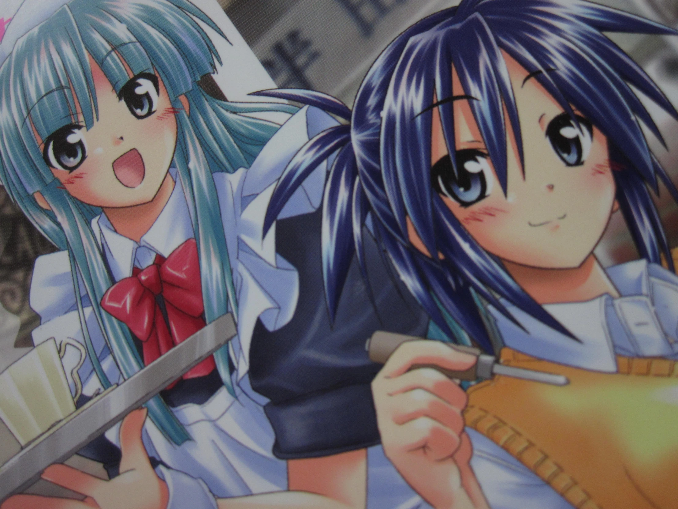 two anime girl holding tools in a foreign country