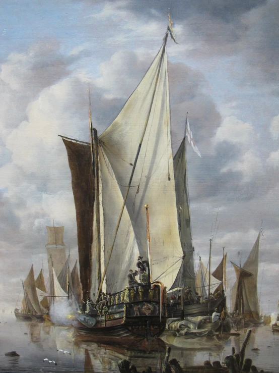 a painting showing ships at dock in the ocean