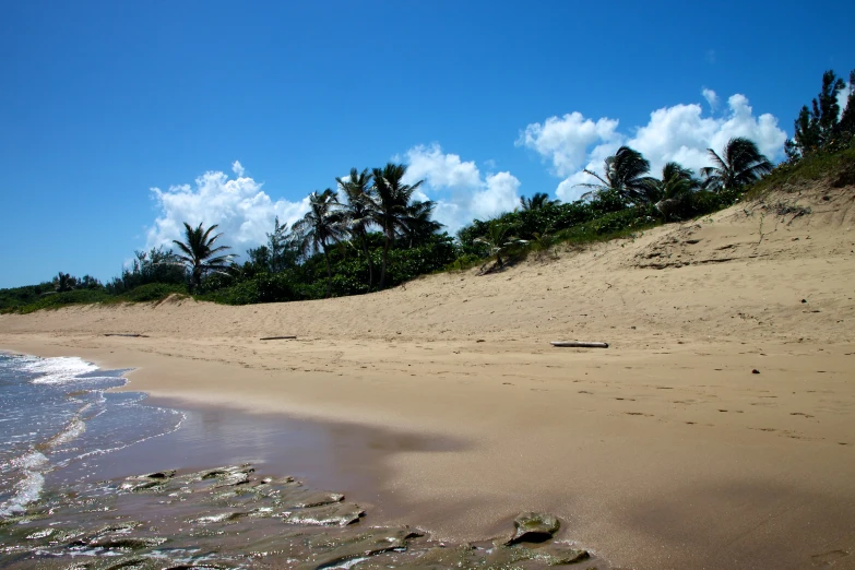 there is a sandy beach and blue sky