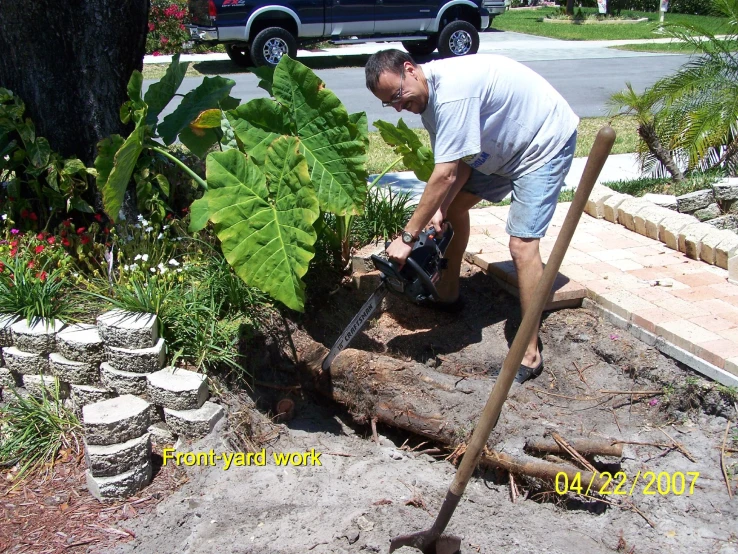 a man working with tree shears and a tree stump