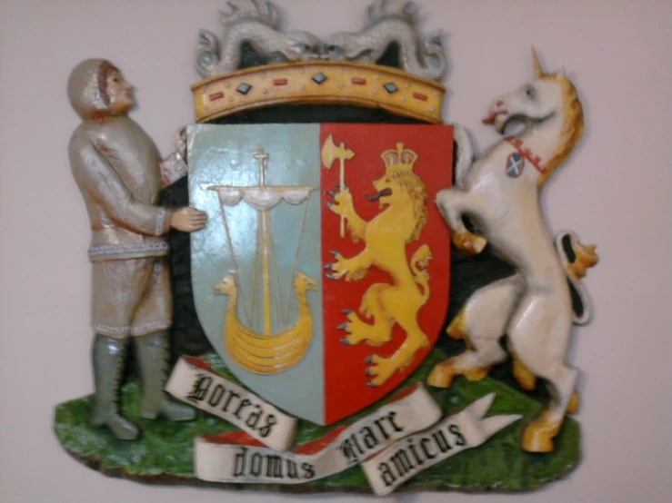 a colorful coat of arms with two horses