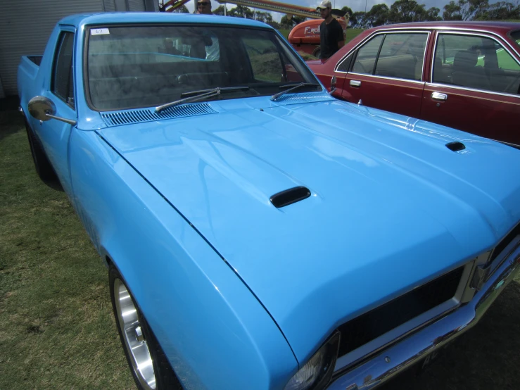 a blue vehicle parked in a grassy field