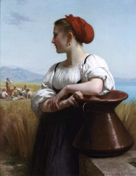 a woman with a brown pot leaning against a pillar
