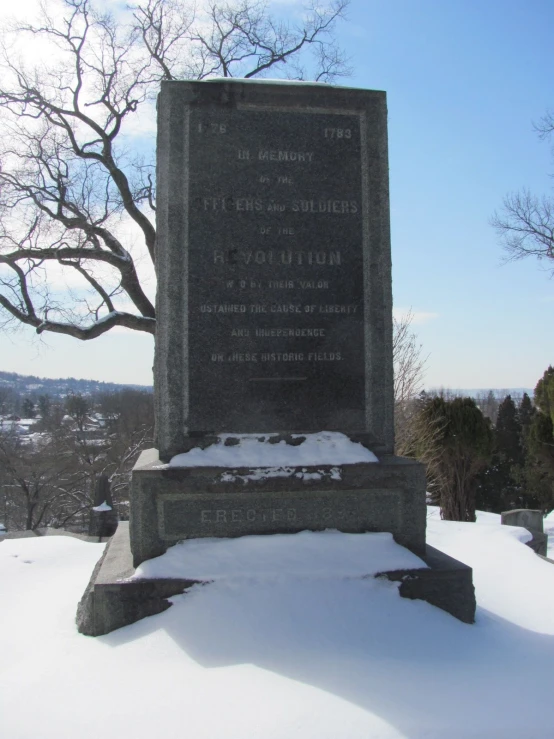 a snow covered monument with trees in the background