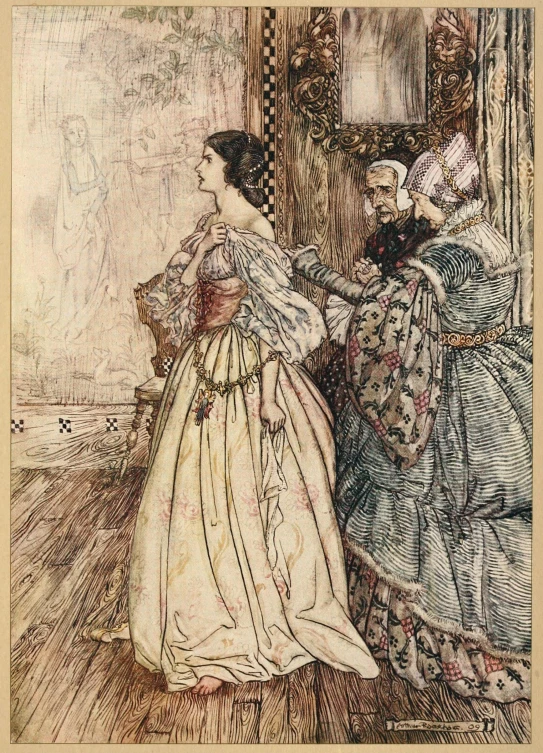 a drawing shows a man in an elaborate gown standing next to a woman