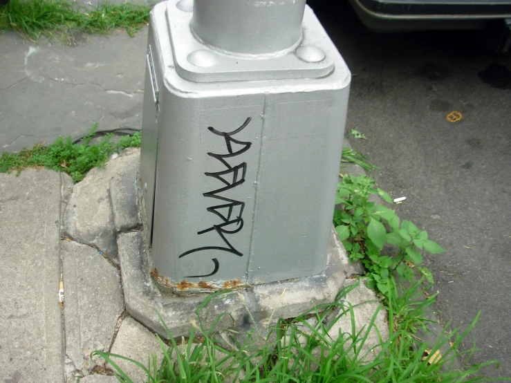 graffiti writing on a trash can in the grass