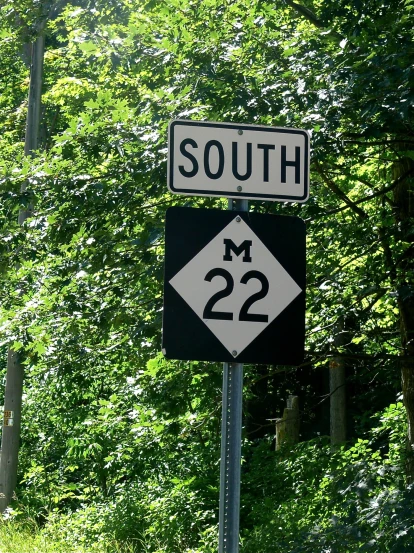 a sign reading south and m 22 on a tree filled street