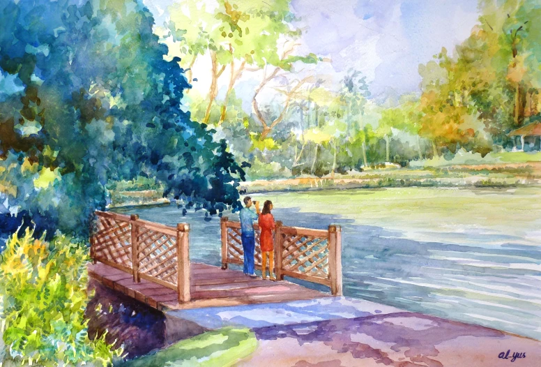 painting of woman standing on small bridge overlooking water