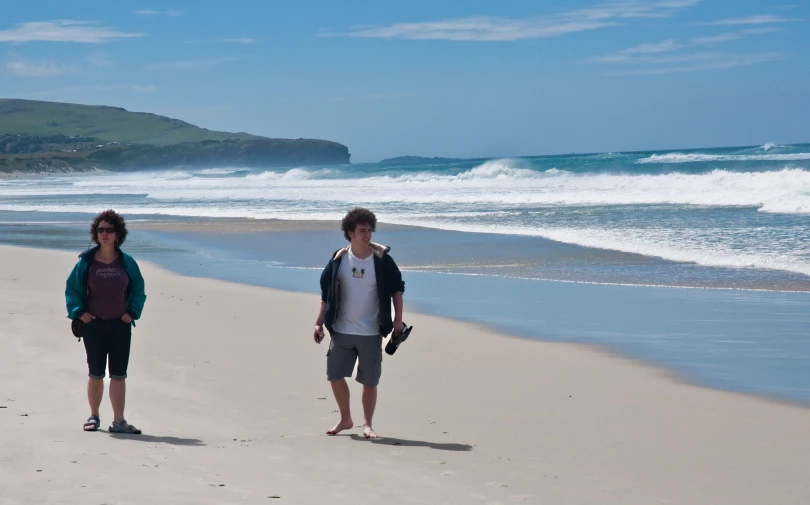 two people standing on a beach near the ocean