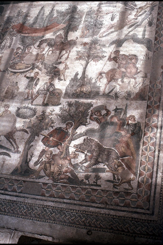 an image of roman mosaic painting with women on horses