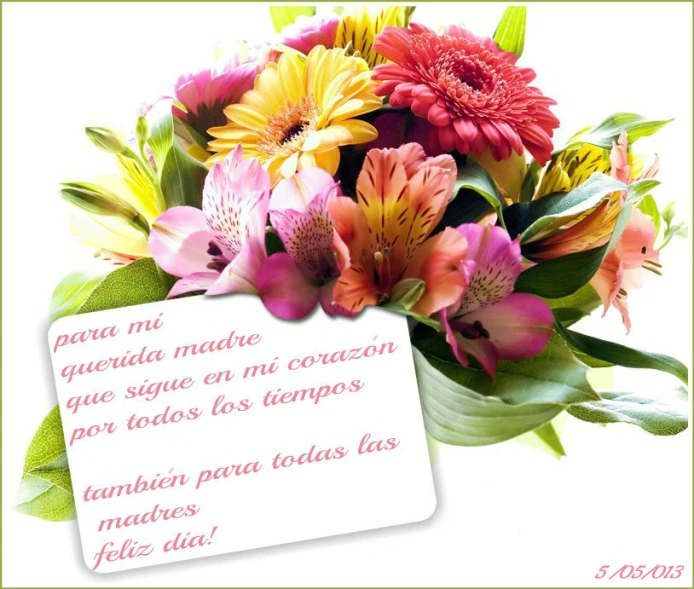 a bouquet of flowers is on display with a greeting card